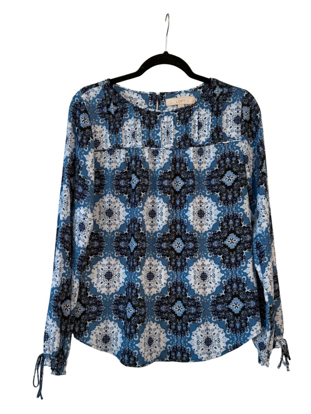 LOFT Blue and White Medallion Print Long-Sleeve Blouse